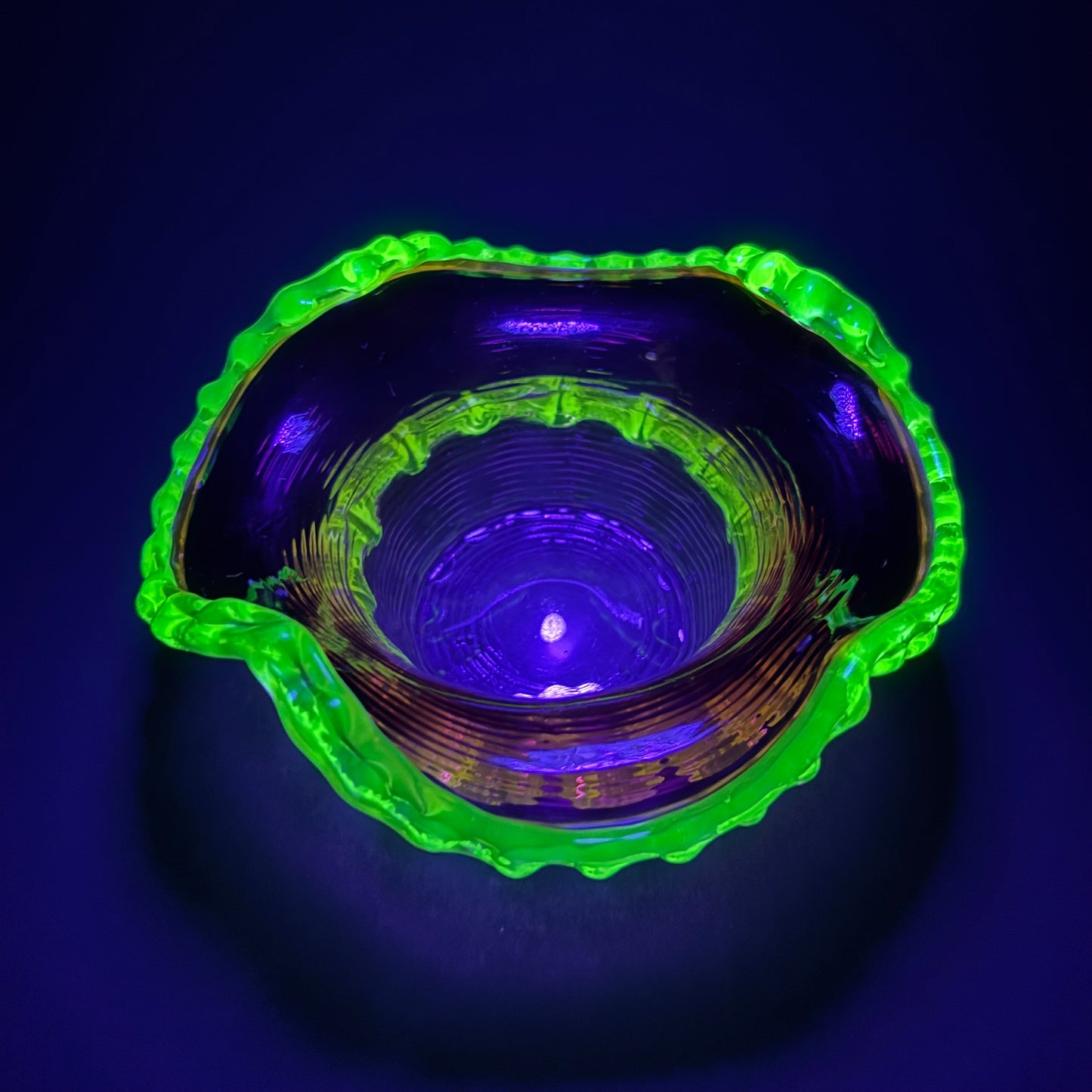 Victorian Cranberry Glass Bowl with Uranium Vaseline Rigaree Rim – UV Reactive – c.1880–1900