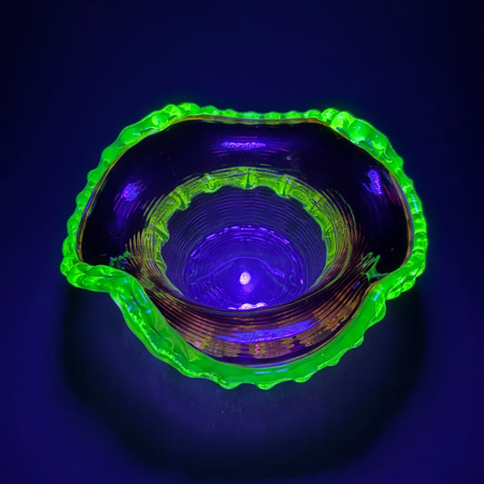 Victorian Cranberry Glass Bowl with Uranium Vaseline Rigaree Rim – UV Reactive – c.1880–1900