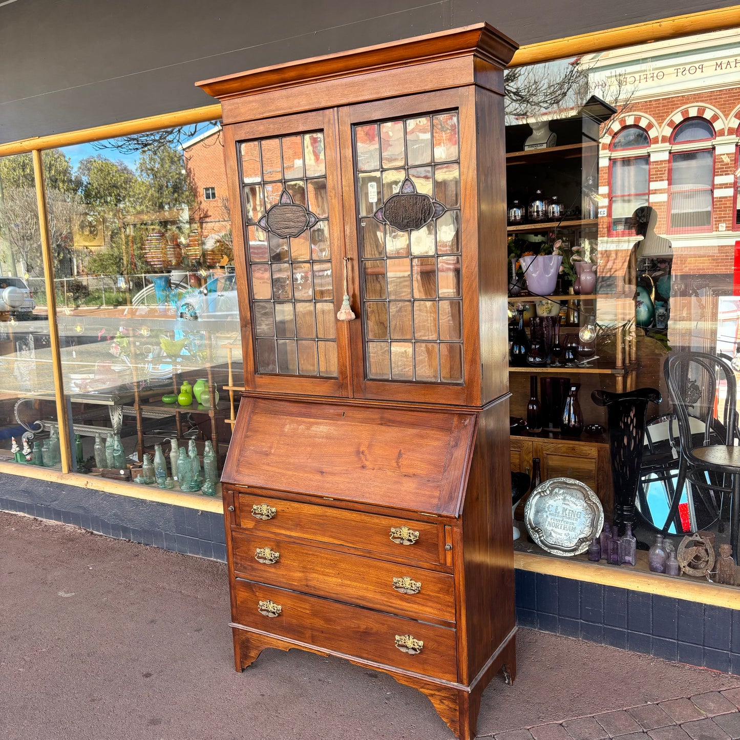 Australian Federation Blackwood Leadlight Bureau Bookcase c.1910–1925