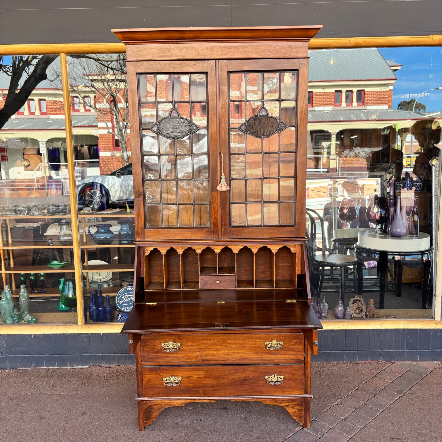 Australian Federation Blackwood Leadlight Bureau Bookcase c.1910–1925