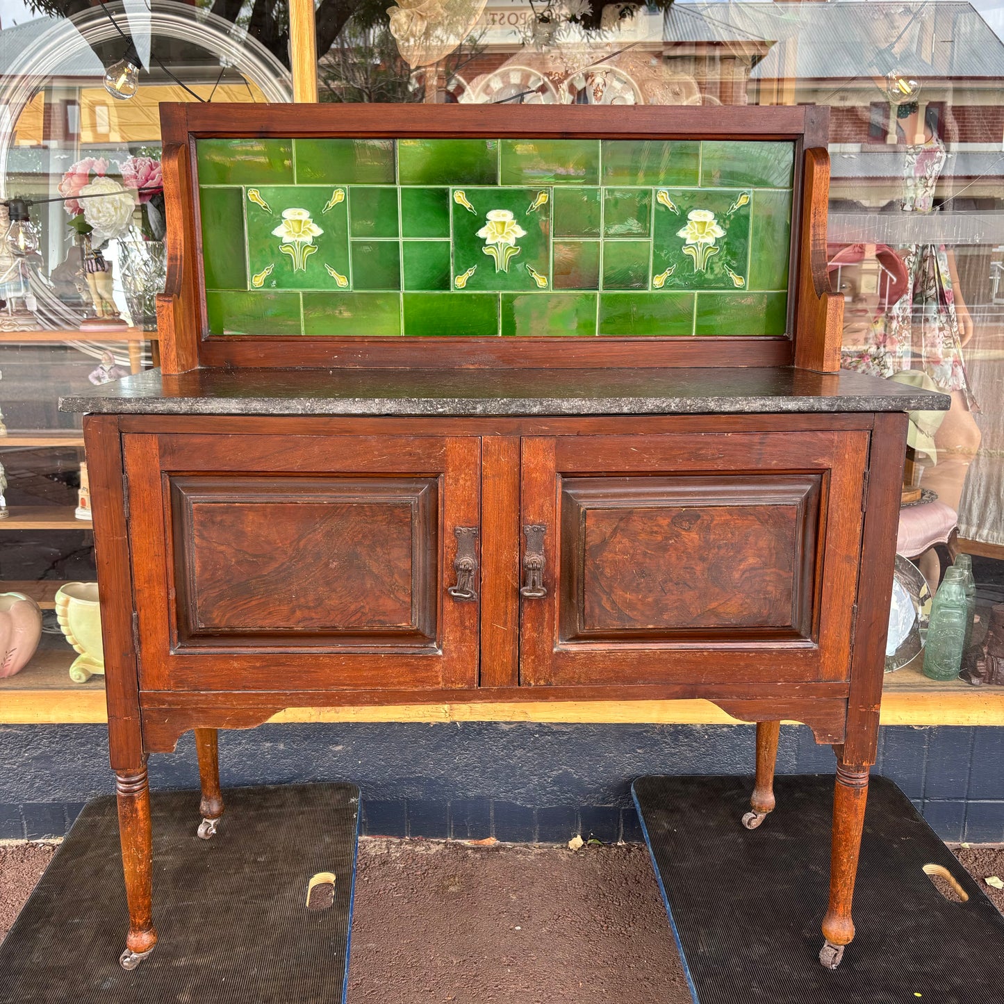 Edwardian Marble Top Washstand with Green Art Tiles c.1900
