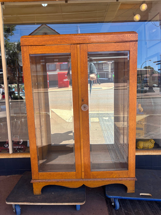 Antique oak mirror back display cabinet