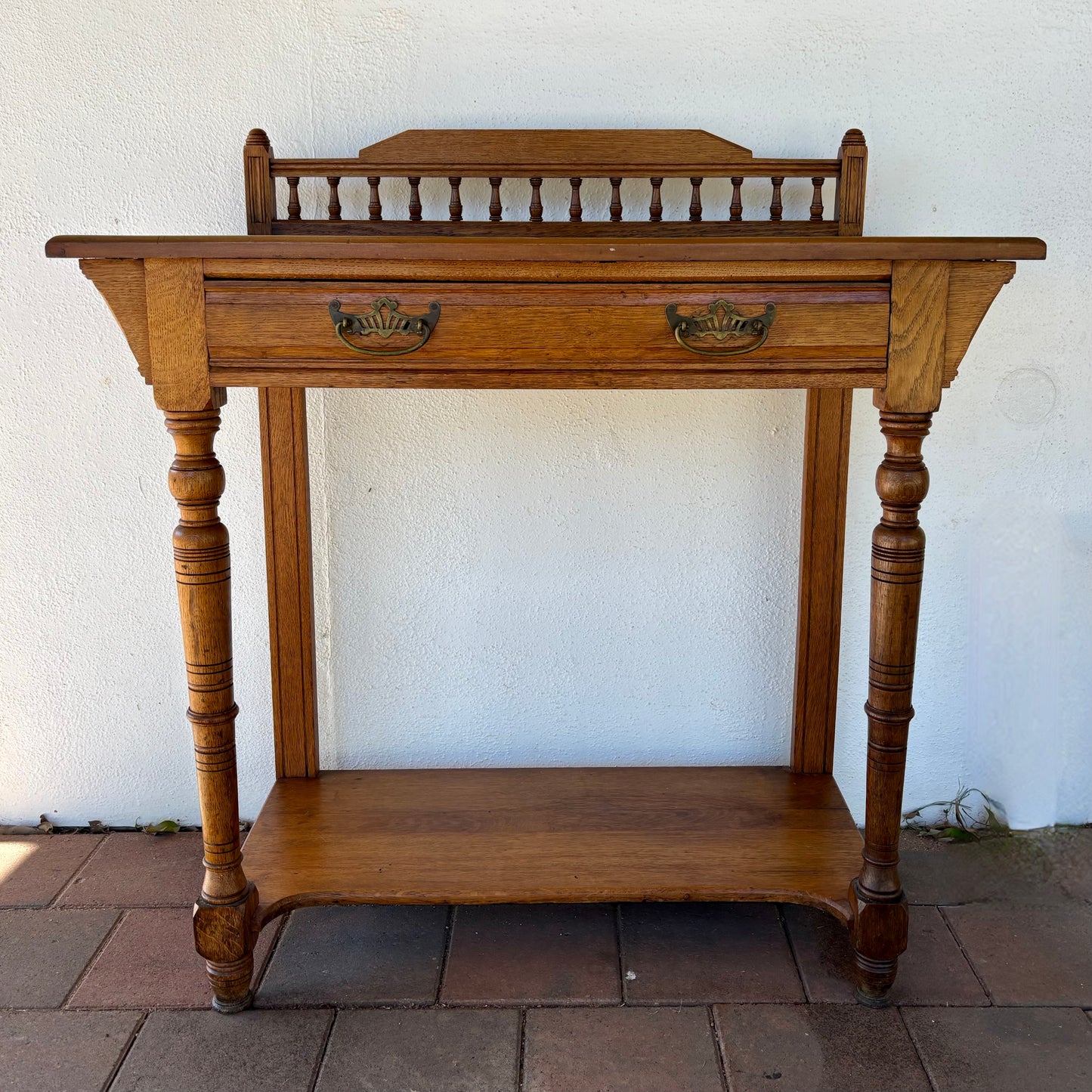 Antique Oak & Pine Occasional Table with Gallery Back & Drawer