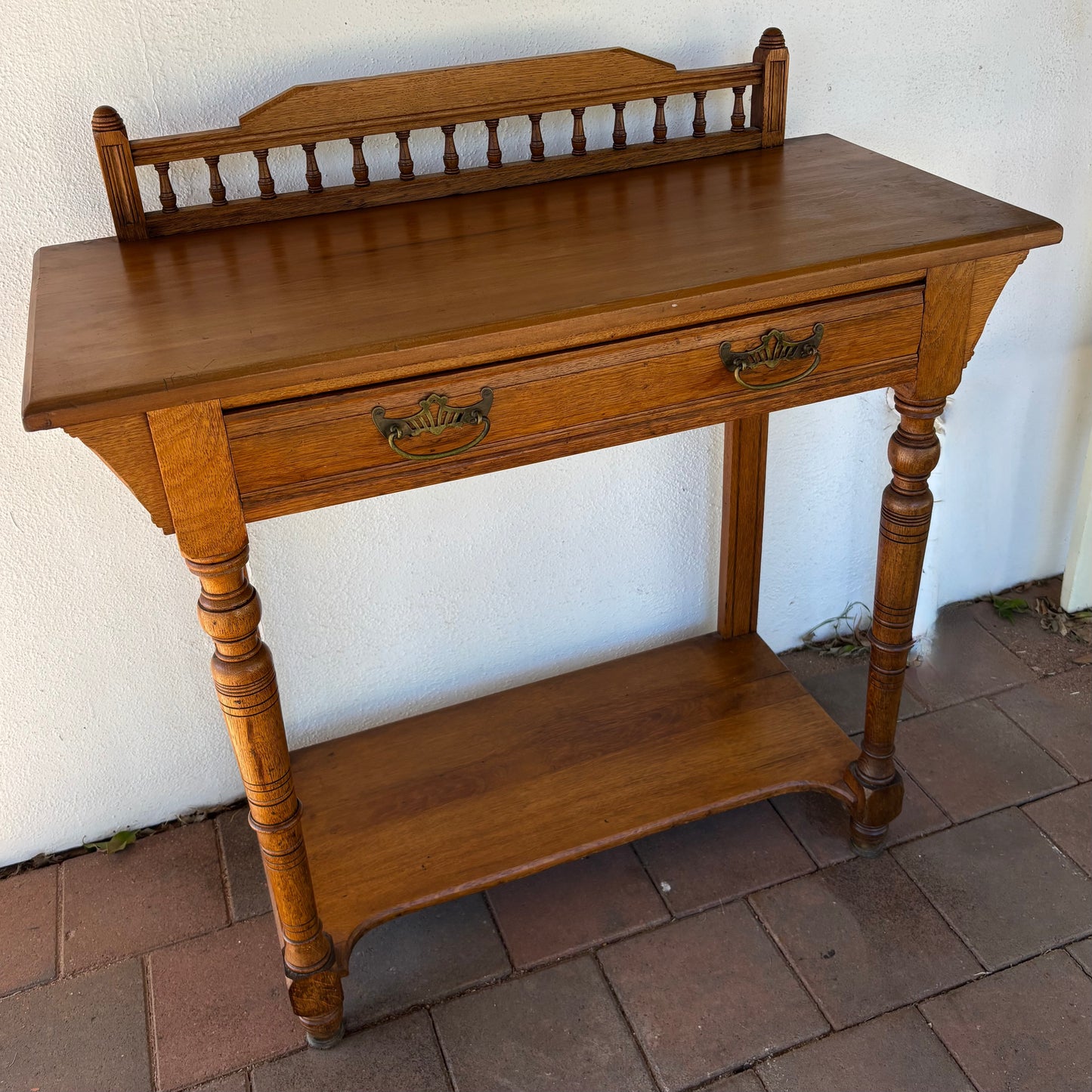Antique Oak & Pine Occasional Table with Gallery Back & Drawer