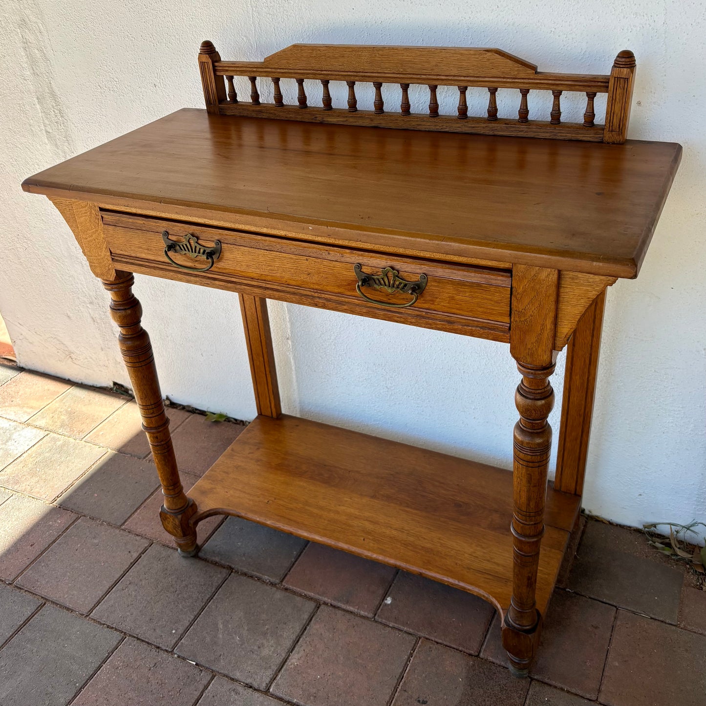 Antique Oak & Pine Occasional Table with Gallery Back & Drawer