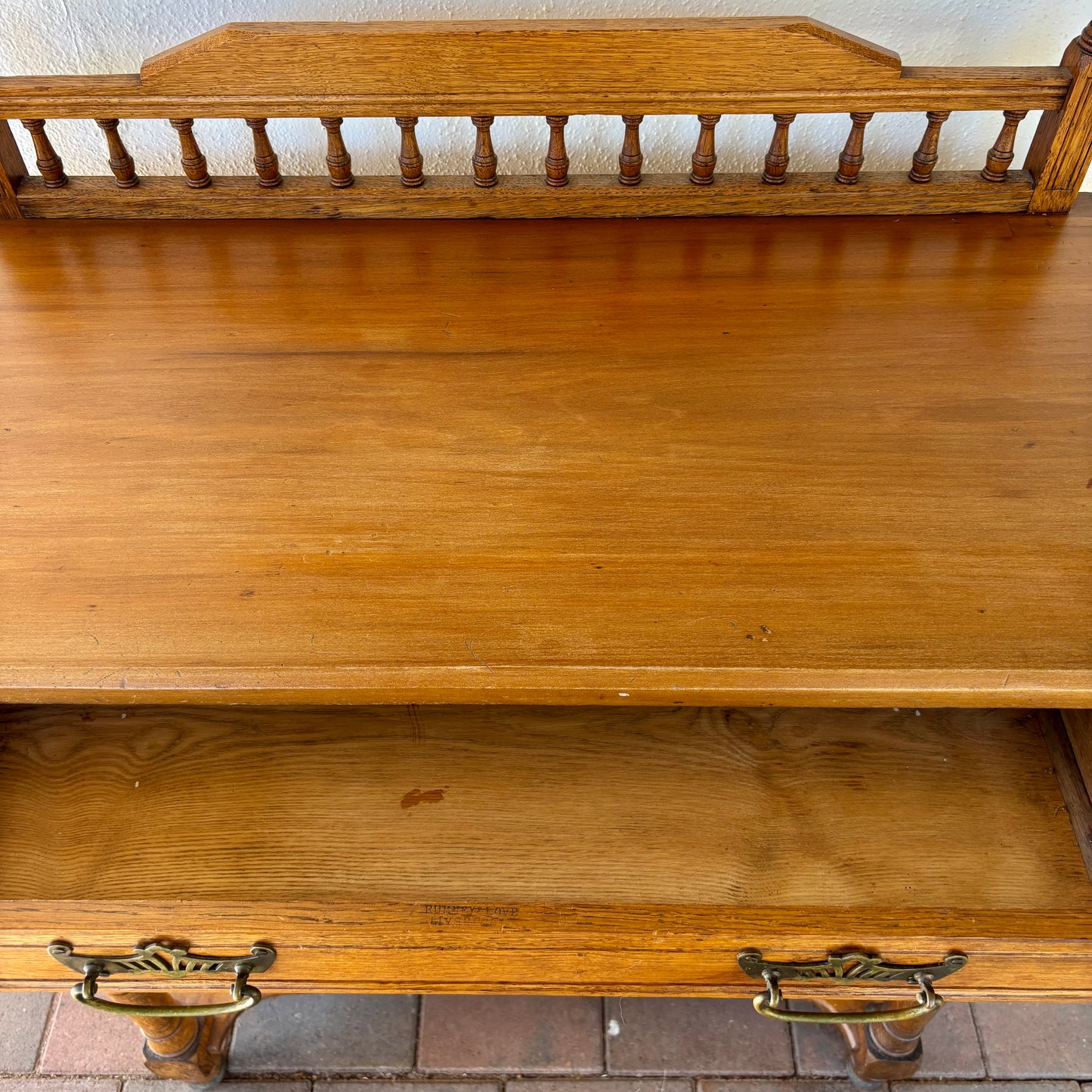 Antique Oak & Pine Occasional Table with Gallery Back & Drawer