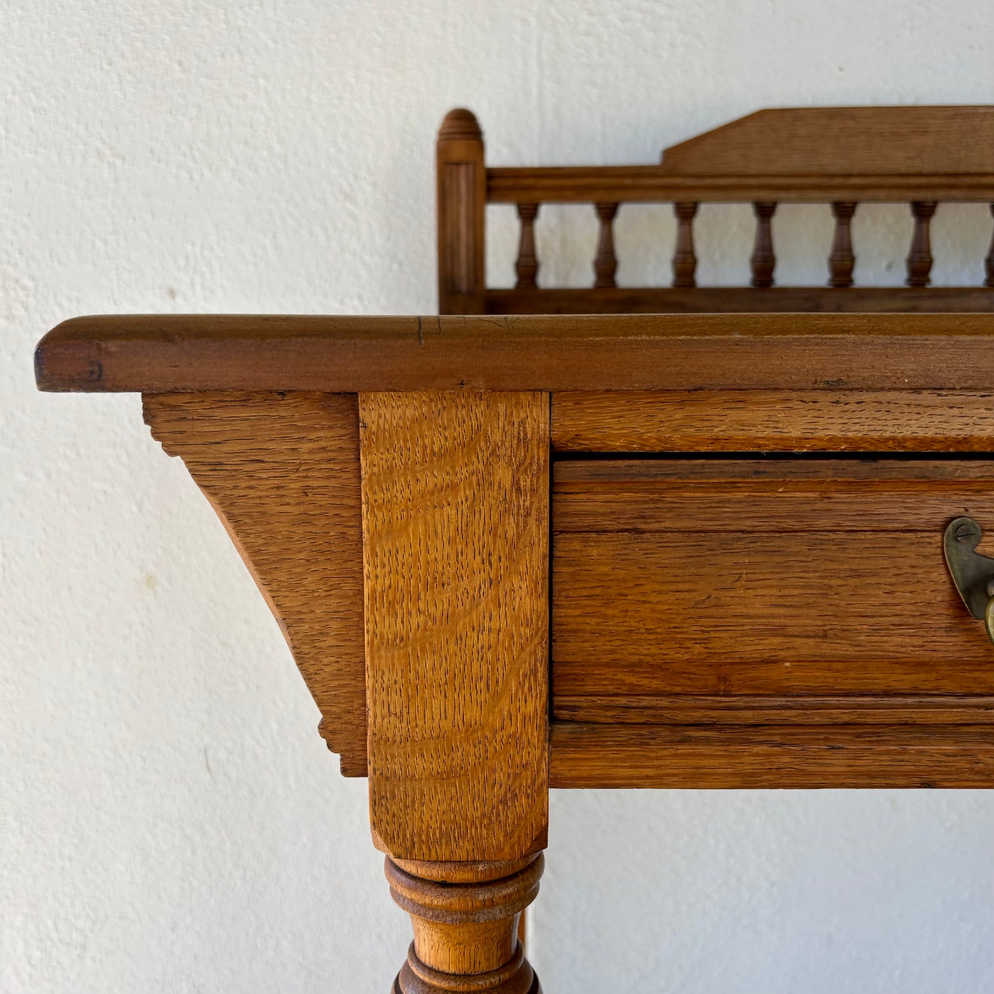 Antique Oak & Pine Occasional Table with Gallery Back & Drawer