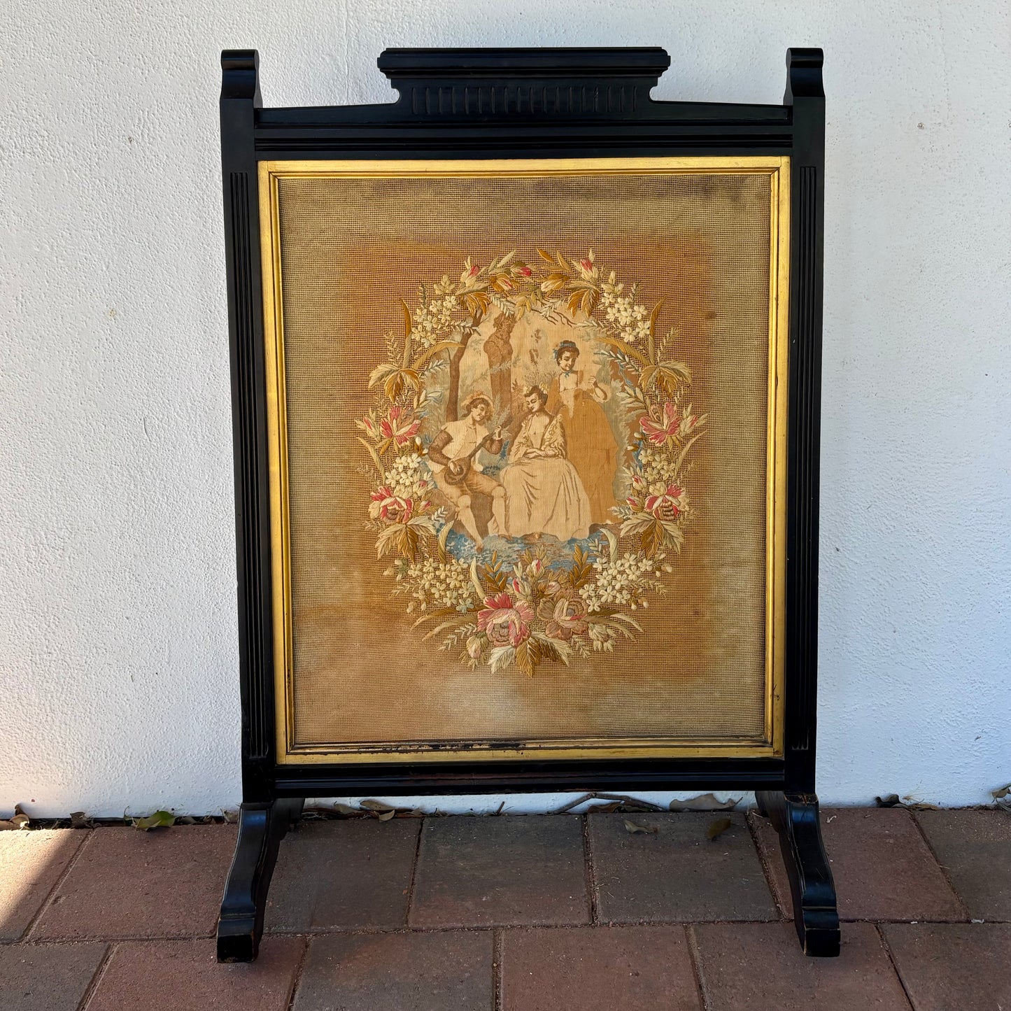 Victorian Ebonised Fire Screen with Needlework Panel