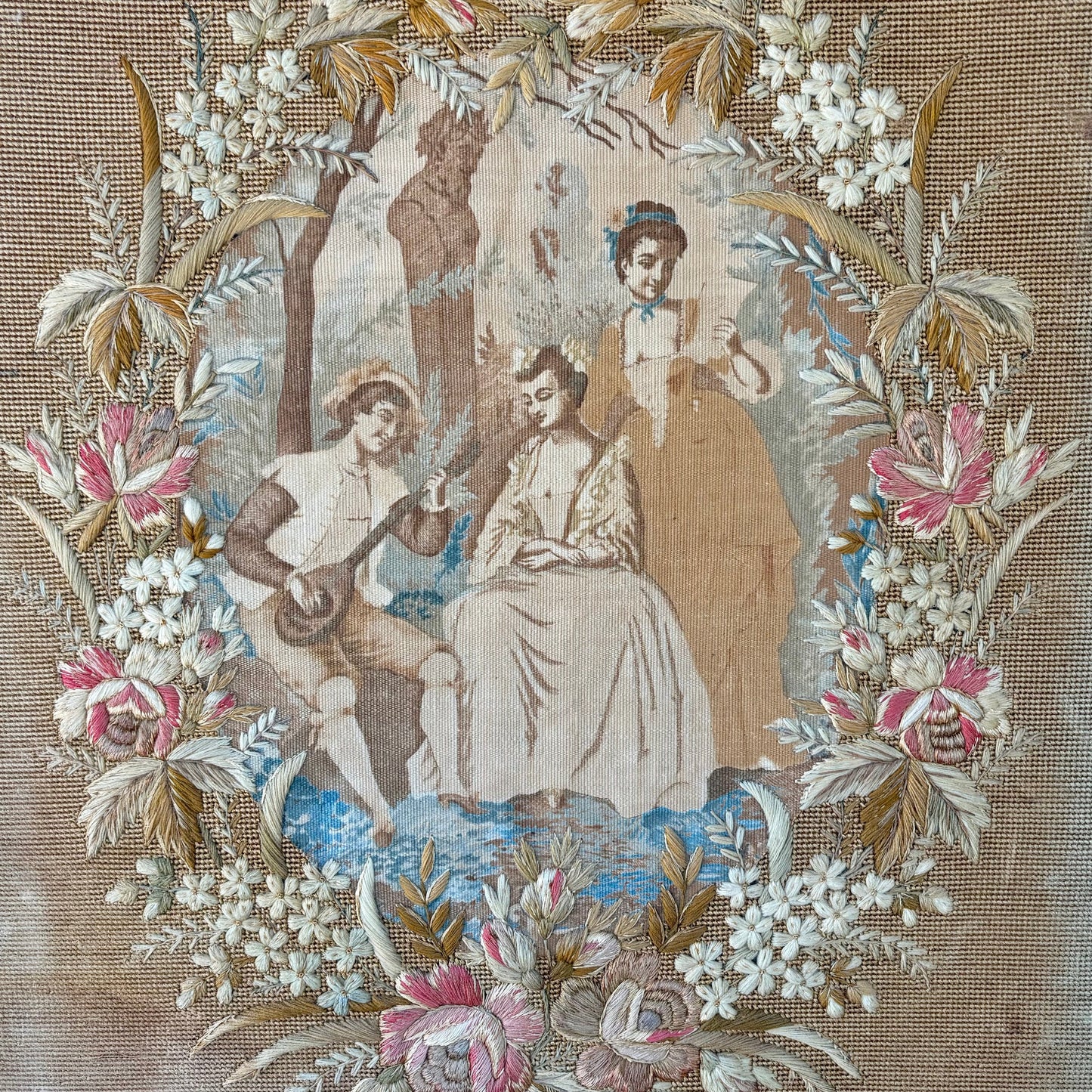 Victorian Ebonised Fire Screen with Needlework Panel