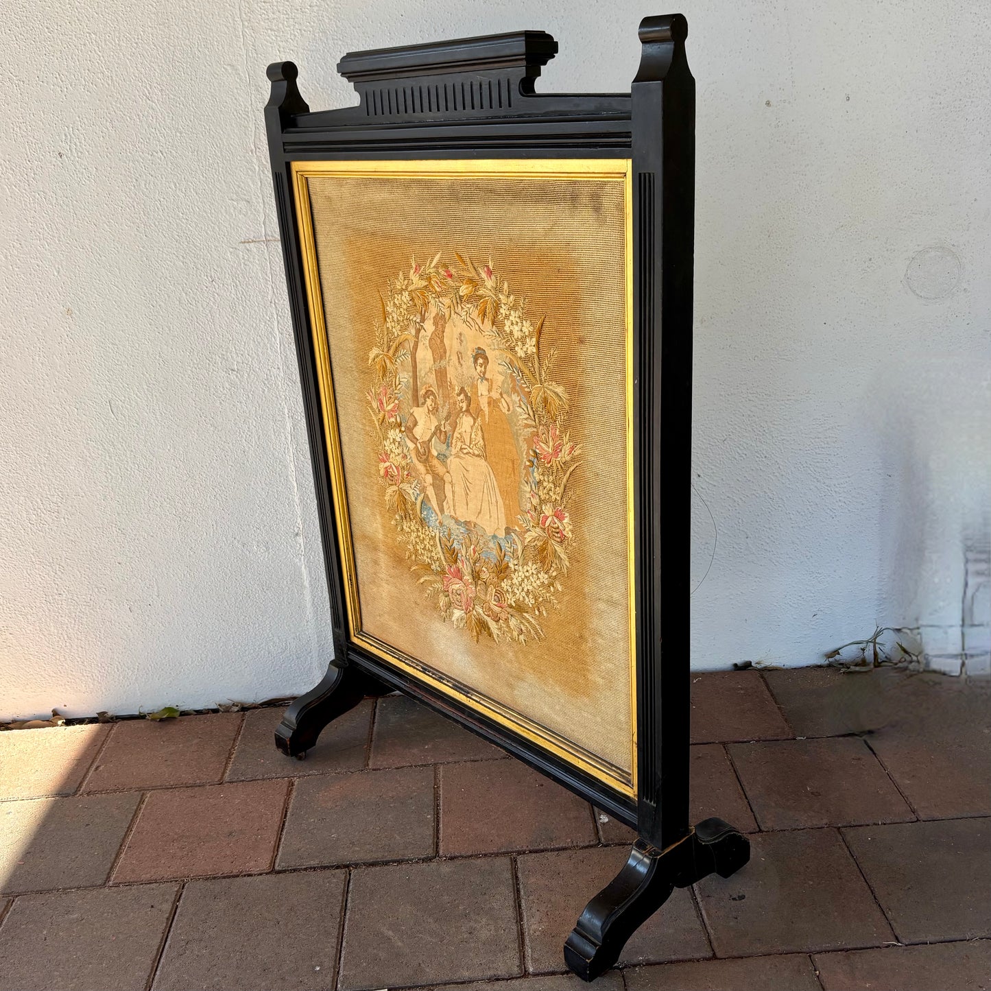 Victorian Ebonised Fire Screen with Needlework Panel