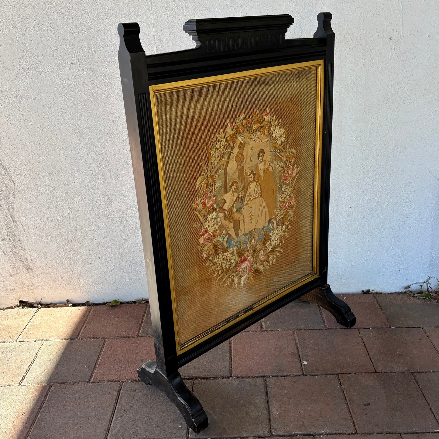 Victorian Ebonised Fire Screen with Needlework Panel