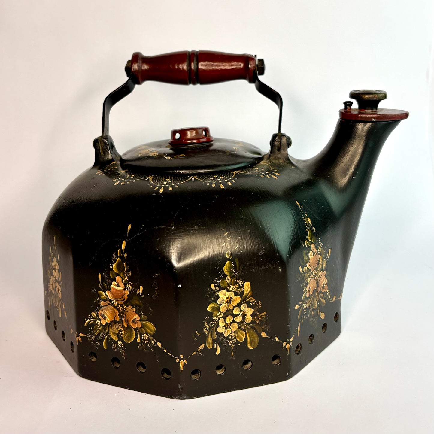 Vintage Hand-Painted Toleware Kettle — c.1940s–50s