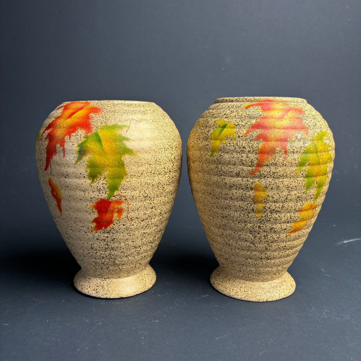 Pair Vintage English Pottery Vases – Mid Century Maple Leaf