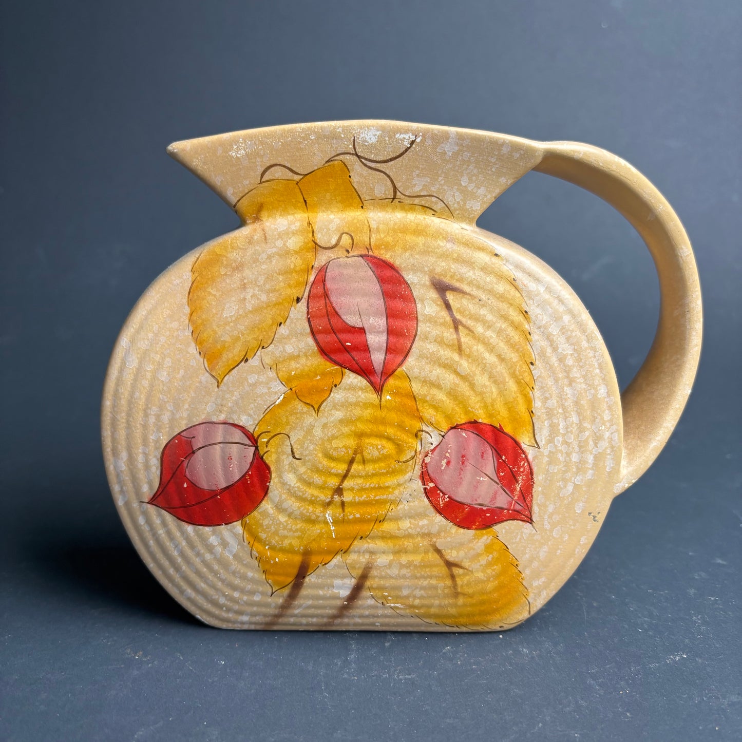 Vintage English Pottery Jug – Flat “Pancake” Form – Hand Painted Leaves