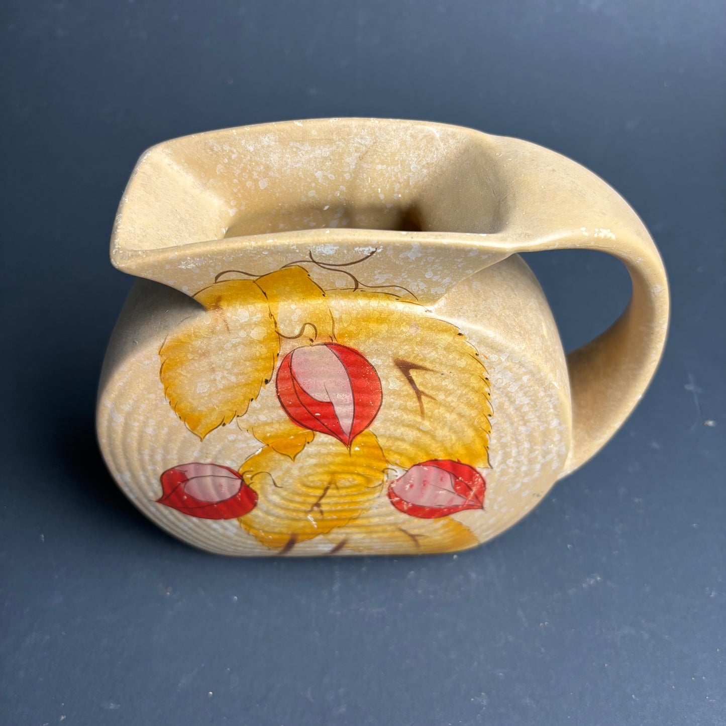 Vintage English Pottery Jug – Flat “Pancake” Form – Hand Painted Leaves