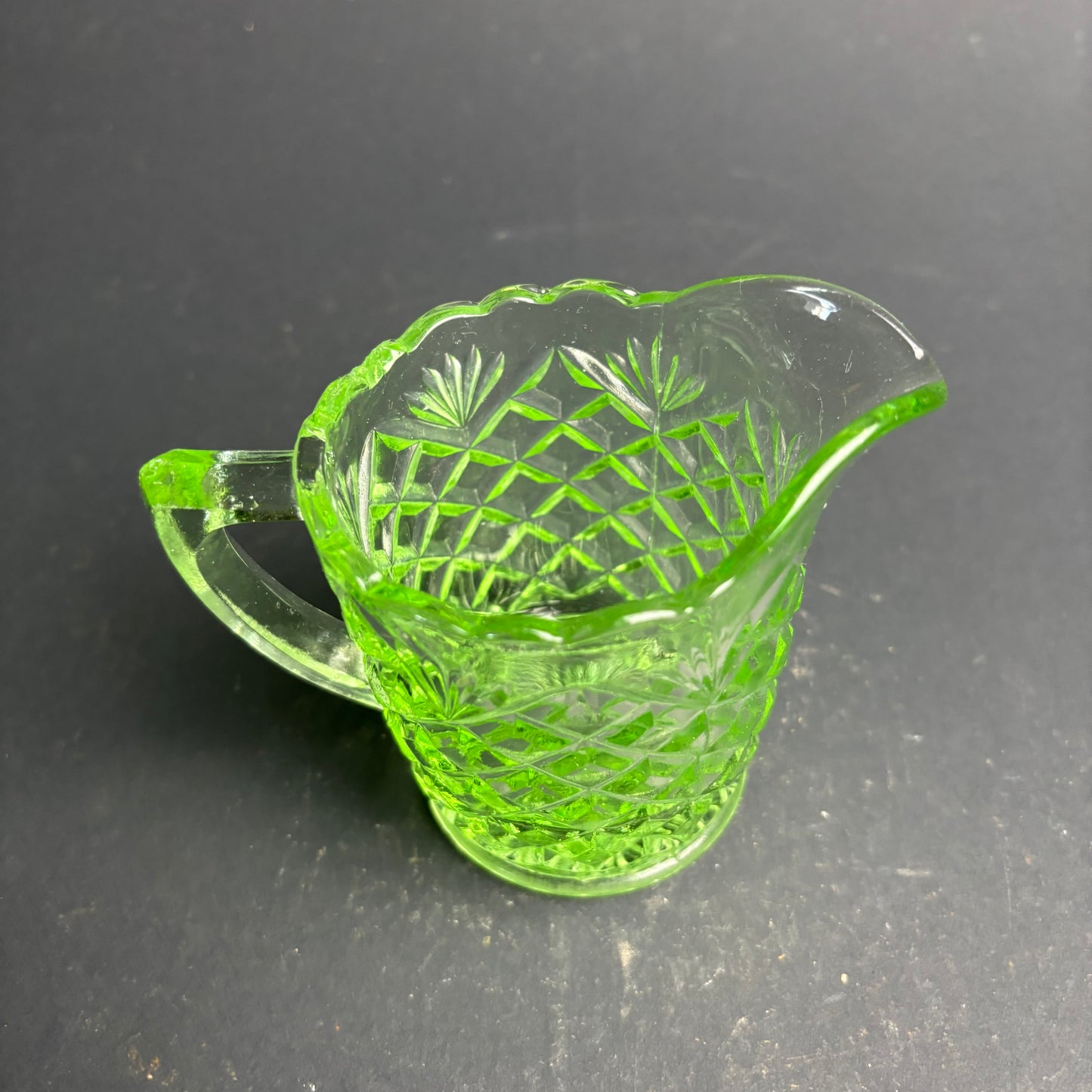 Vintage Green Glass Cream Jug – Pressed Glass