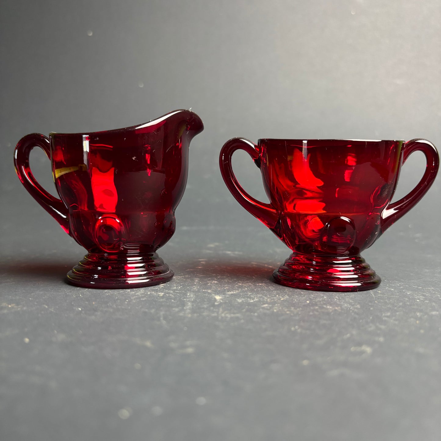 Vintage Martinsville Glass Moondrops Ruby Cream & Sugar Set c.1930s
