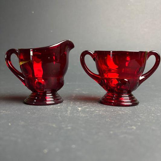 Vintage Martinsville Glass Moondrops Ruby Cream & Sugar Set c.1930s