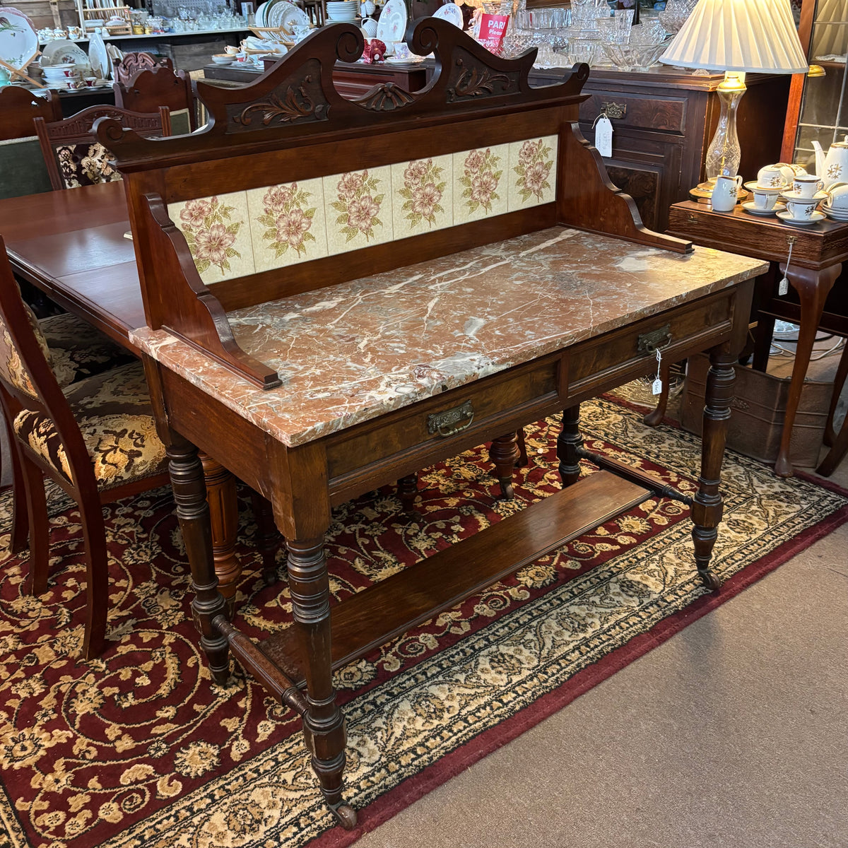 Goldfields Victorian Walnut Marble Top Tile Back Washstand
