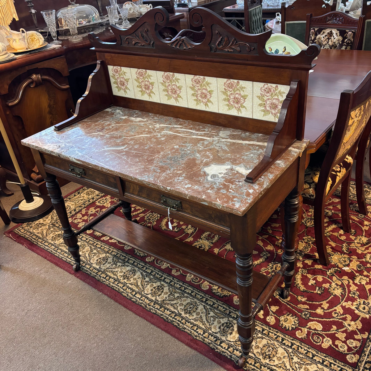 Goldfields Victorian Walnut Marble Top Tile Back Washstand