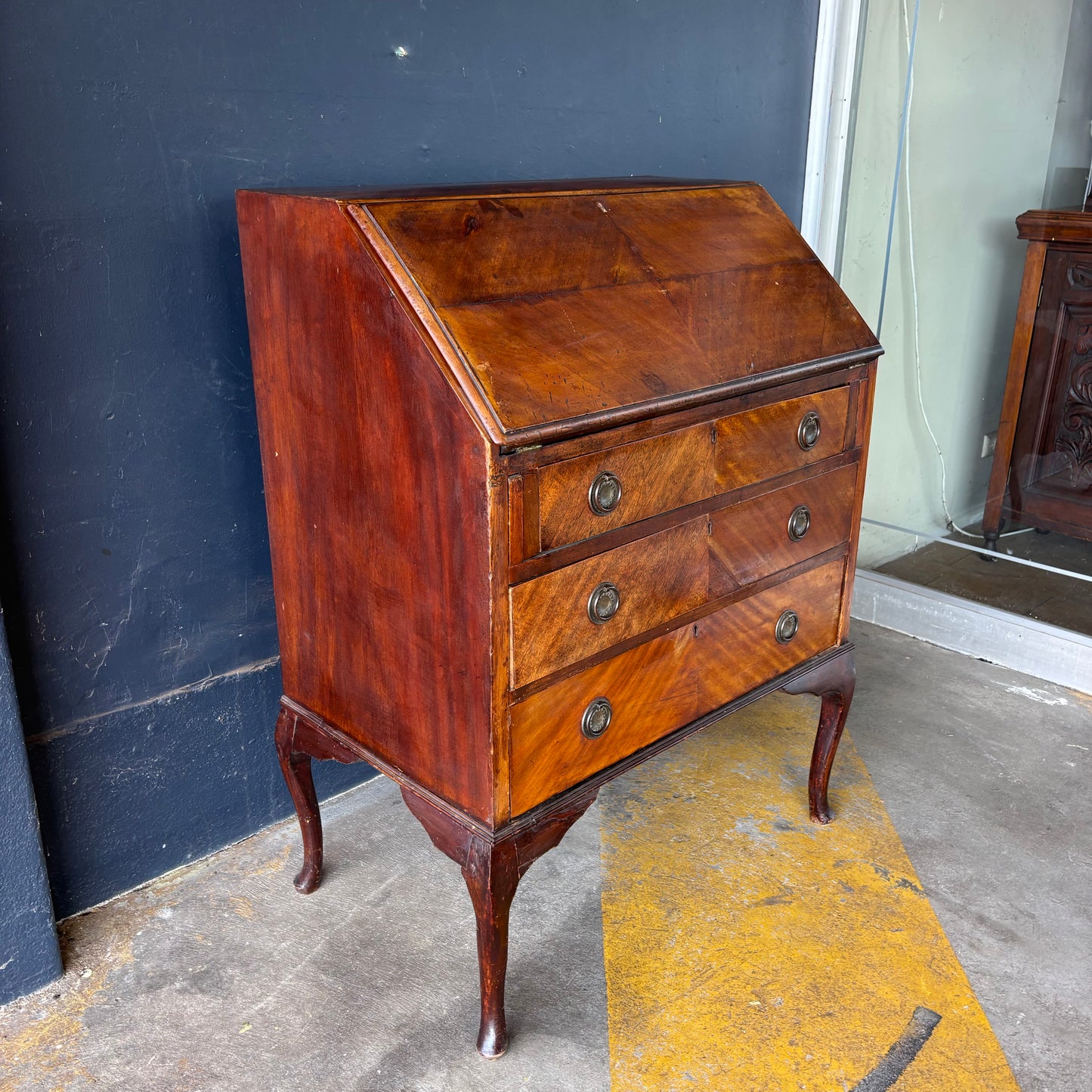 Antique Queen Anne Style Mahogany Writing Bureau with Fitted Interior
