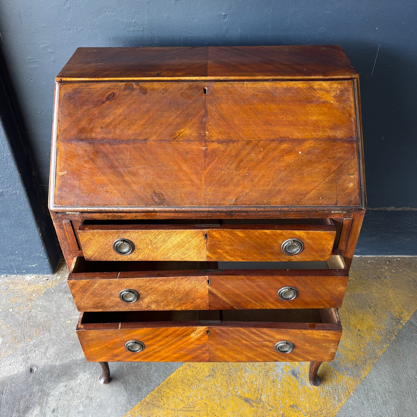 Antique Queen Anne Style Mahogany Writing Bureau with Fitted Interior