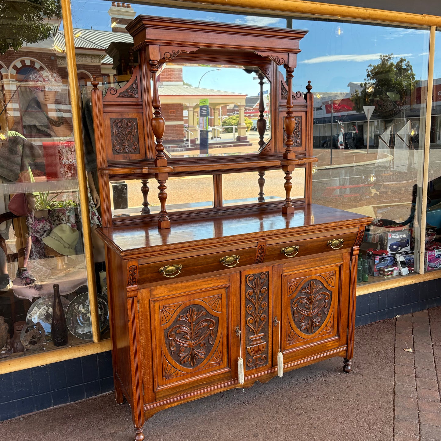Antique Mahogany Mirrored Sideboard with Carved Panels & Hutch