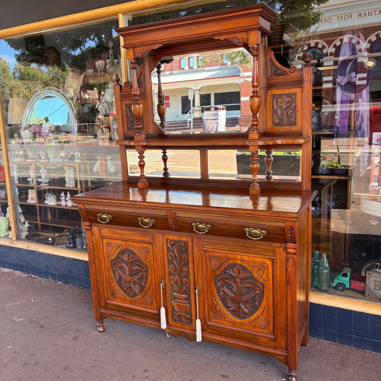 Antique Mahogany Mirrored Sideboard with Carved Panels & Hutch