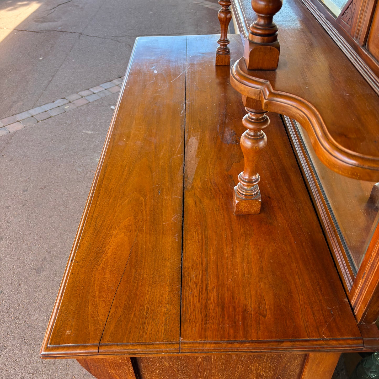 Antique Mahogany Mirrored Sideboard with Carved Panels & Hutch