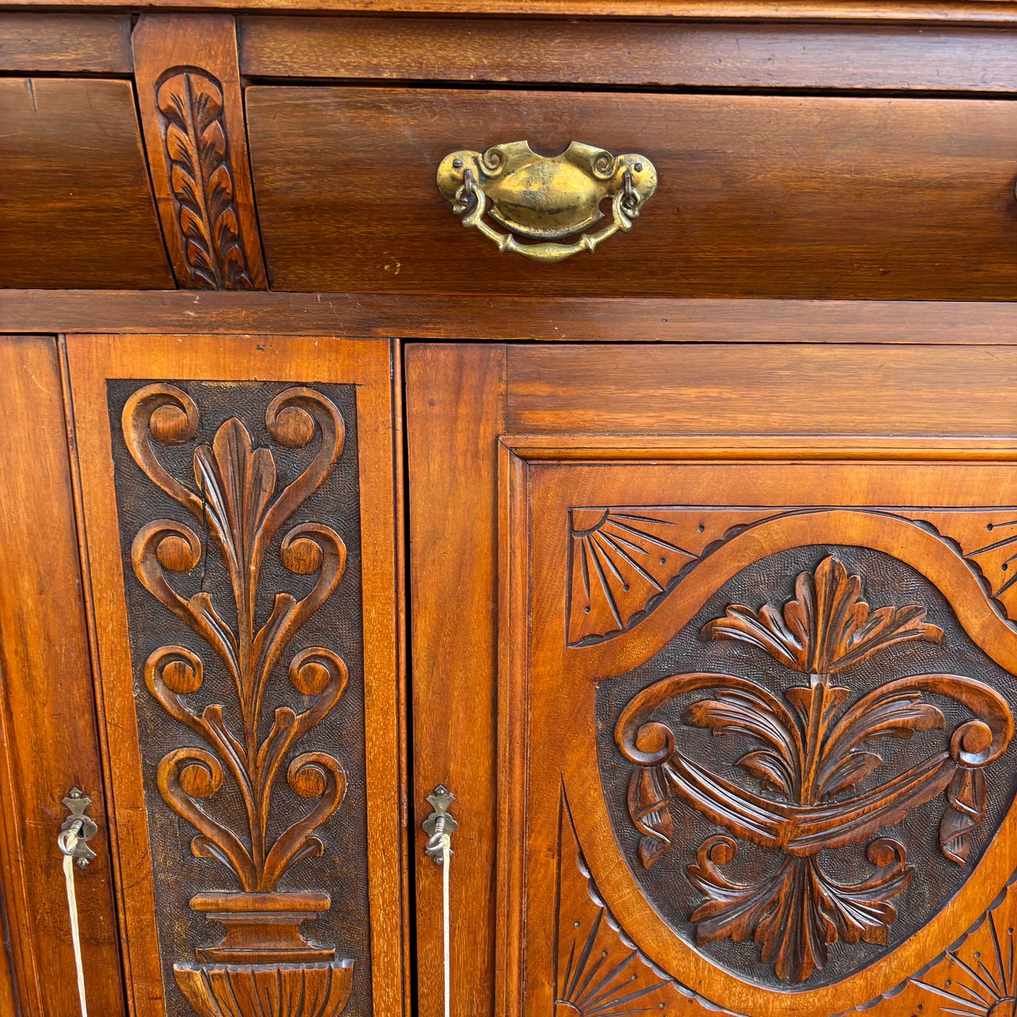 Antique Mahogany Mirrored Sideboard with Carved Panels & Hutch