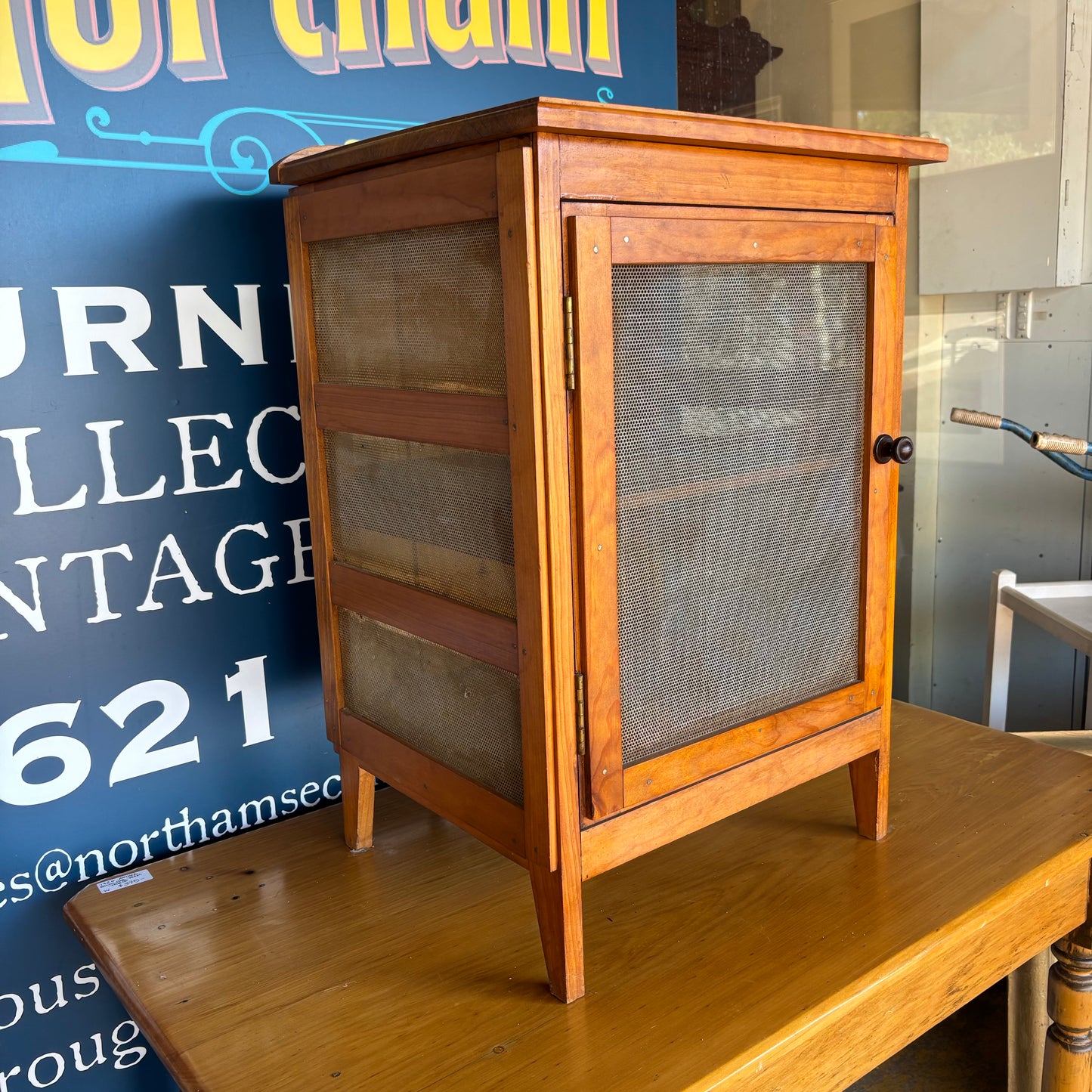 Antique Pine Meat Safe / Coolgardie Safe – Ventilated Mesh Food Cabinet