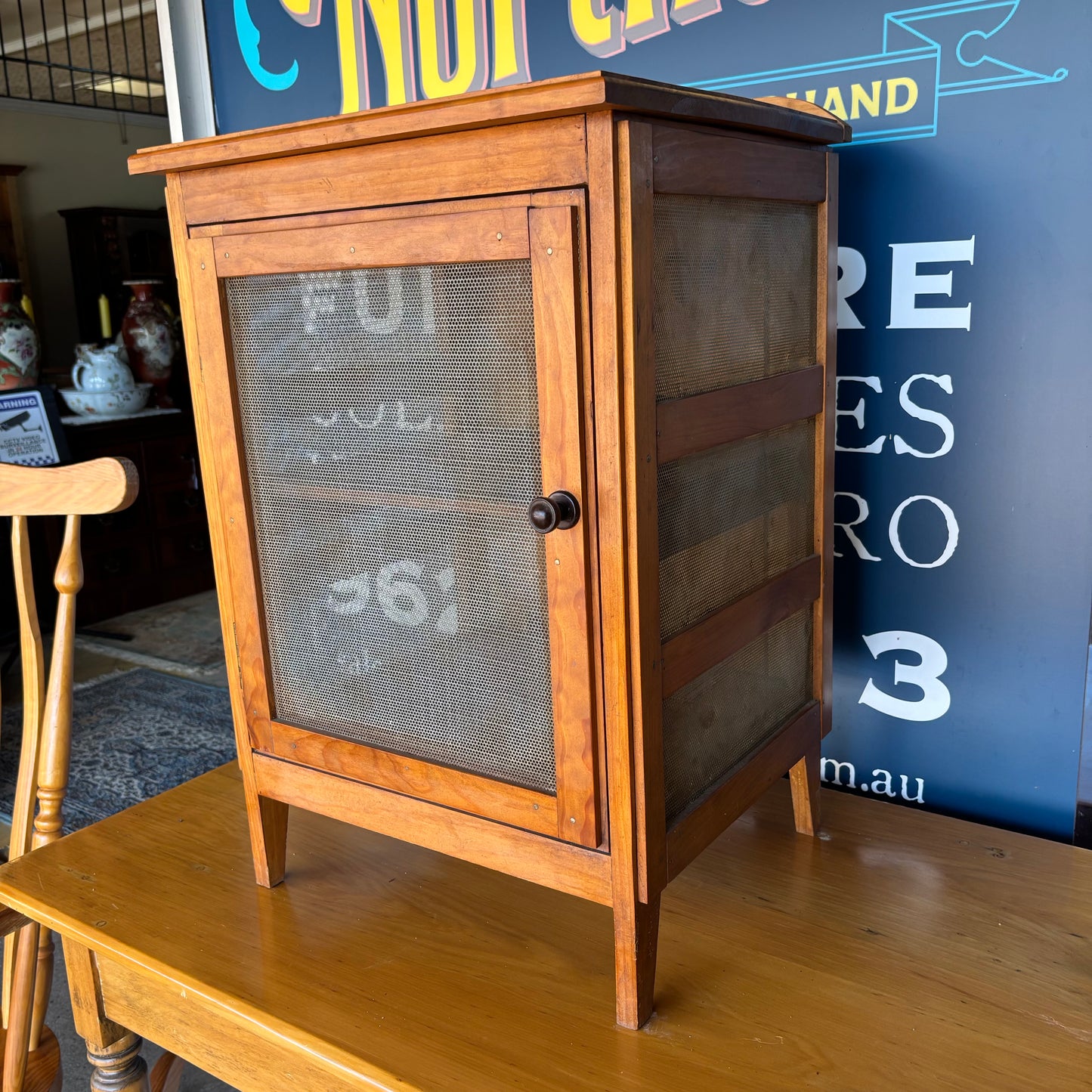 Antique Pine Meat Safe / Coolgardie Safe – Ventilated Mesh Food Cabinet