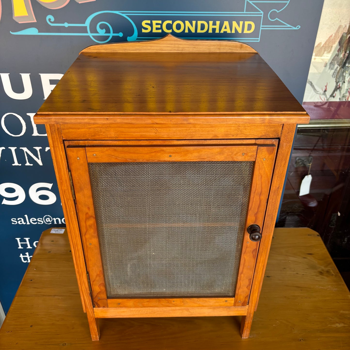 Antique Pine Meat Safe / Coolgardie Safe – Ventilated Mesh Food Cabinet