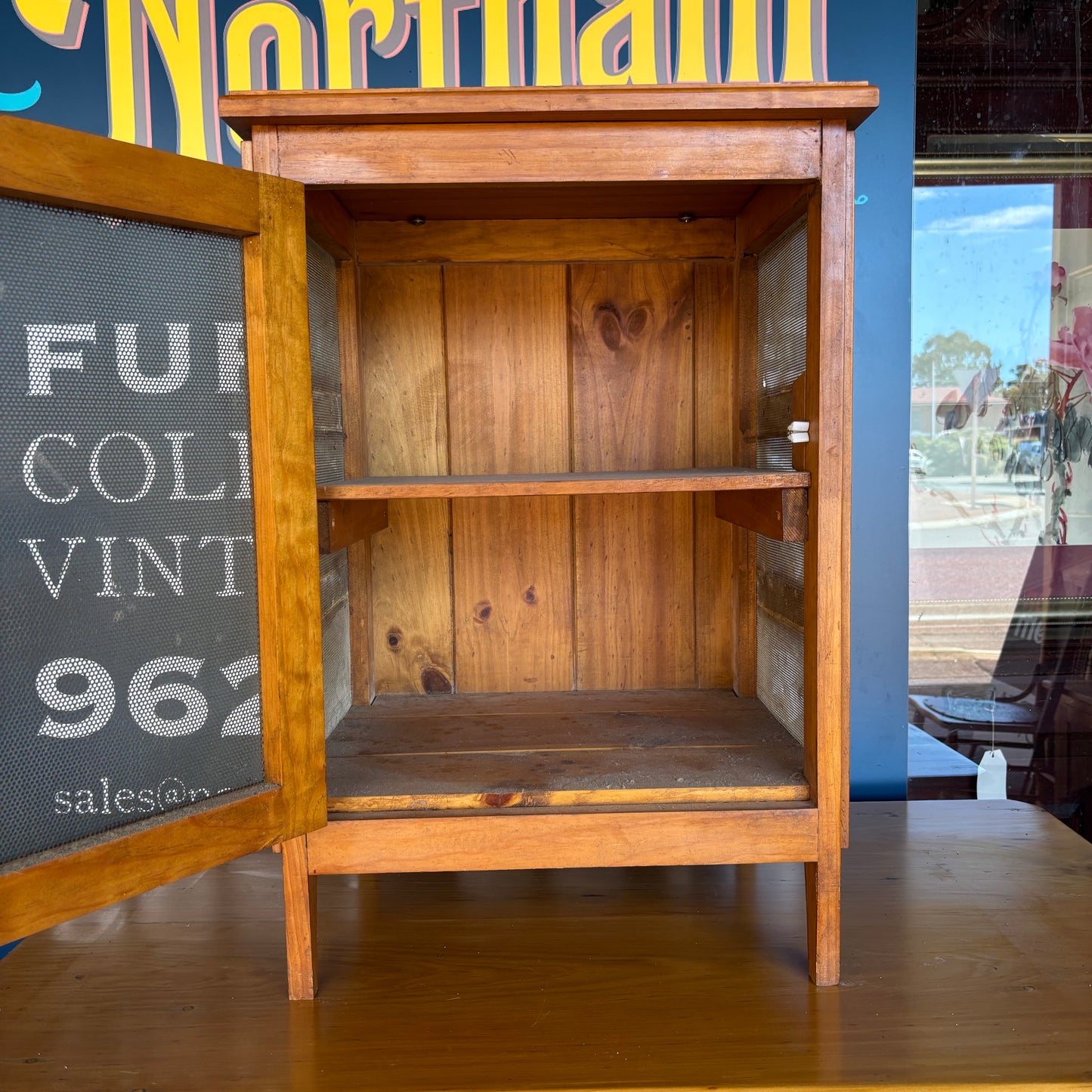 Antique Pine Meat Safe / Coolgardie Safe – Ventilated Mesh Food Cabinet