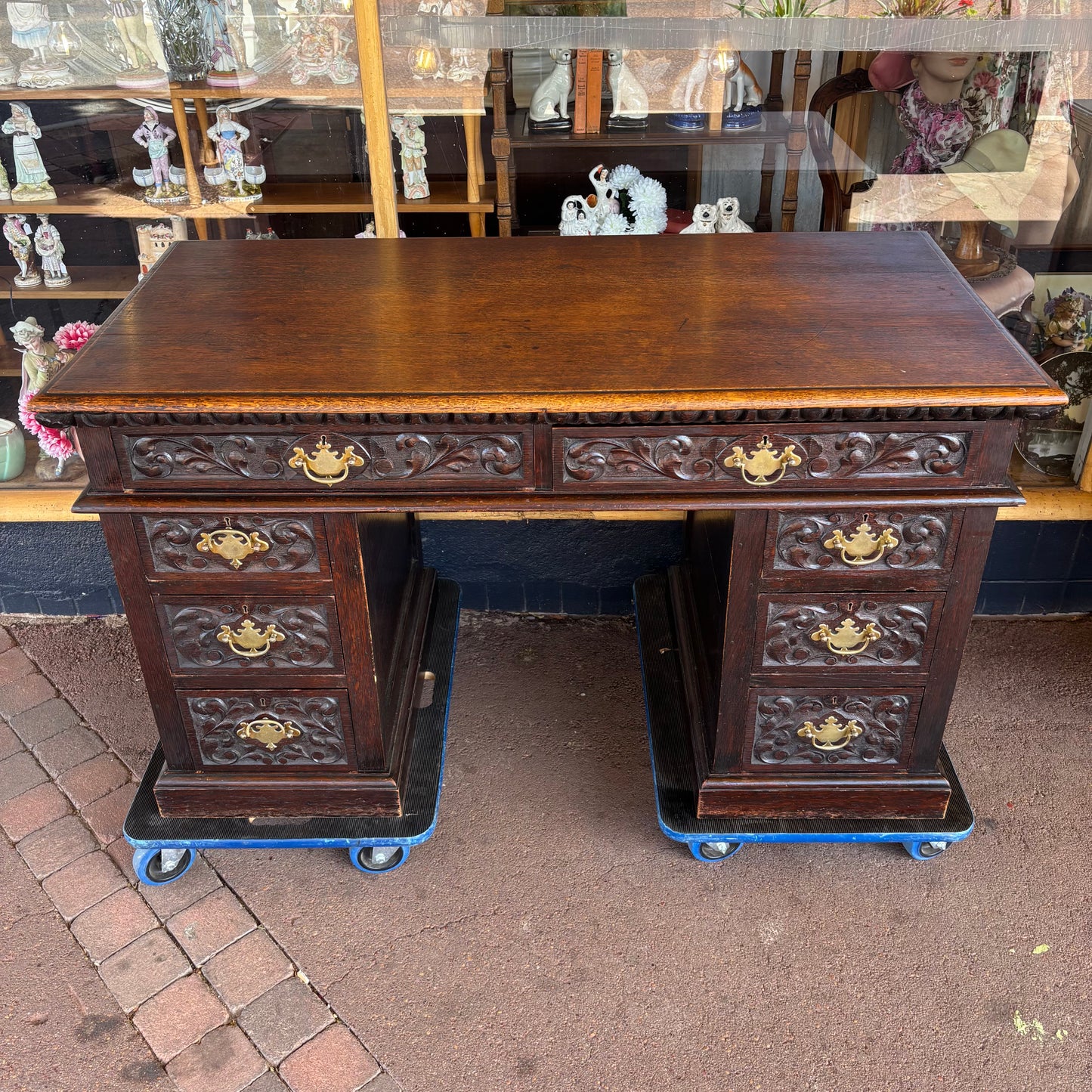 Antique Victorian Carved Oak Desk – Pedestal Writing Desk