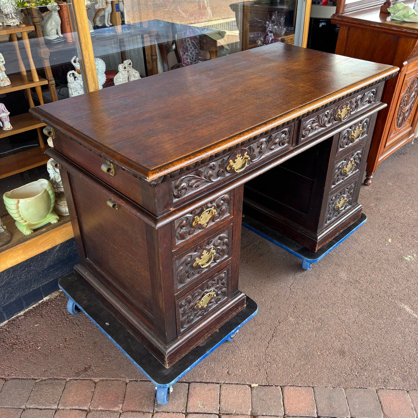 Antique Victorian Carved Oak Desk – Pedestal Writing Desk