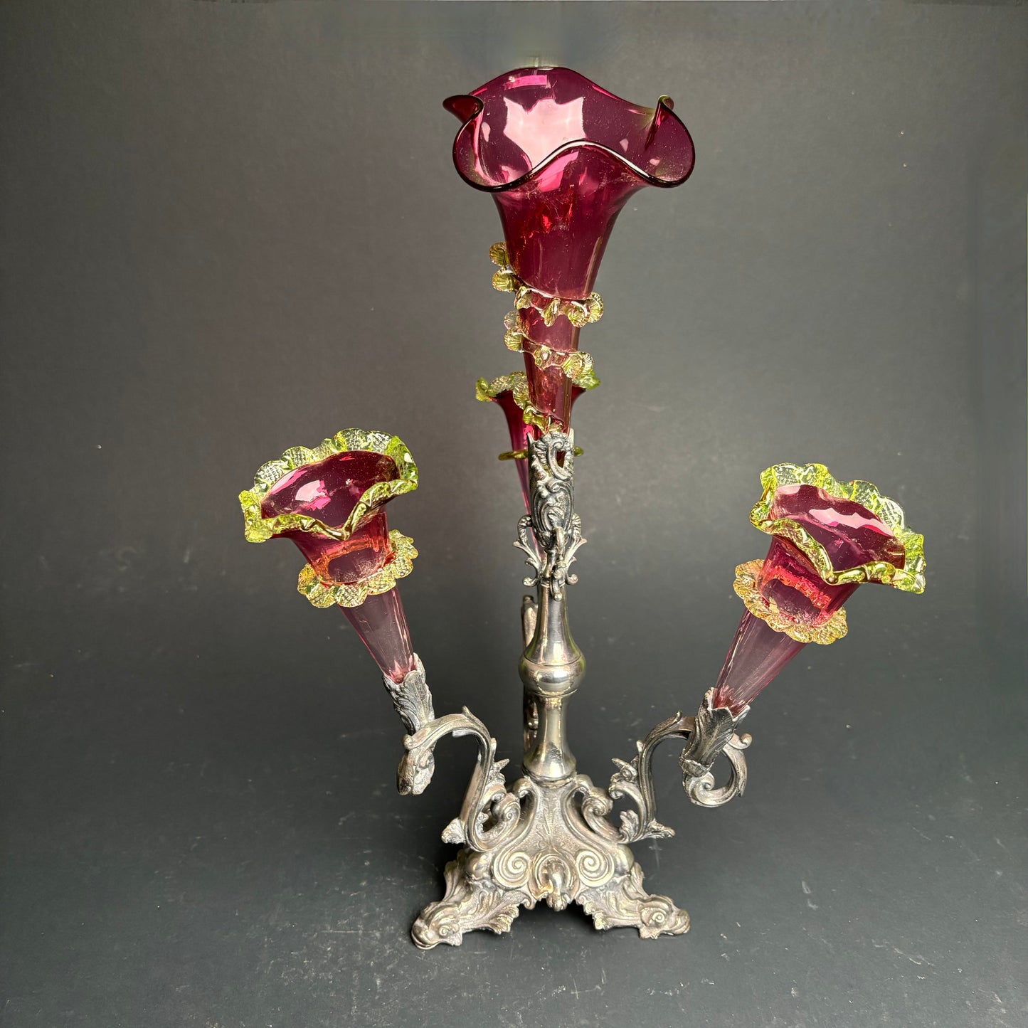 Victorian Cranberry & Uranium Glass Epergne with Silver Plate Base