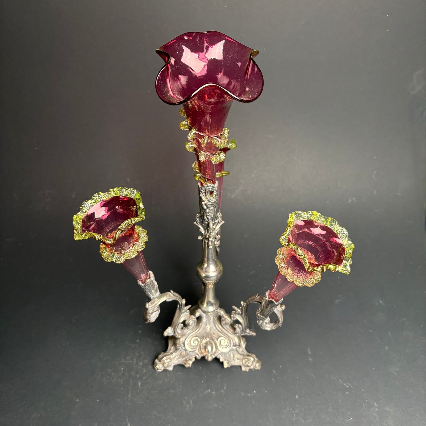 Victorian Cranberry & Uranium Glass Epergne with Silver Plate Base