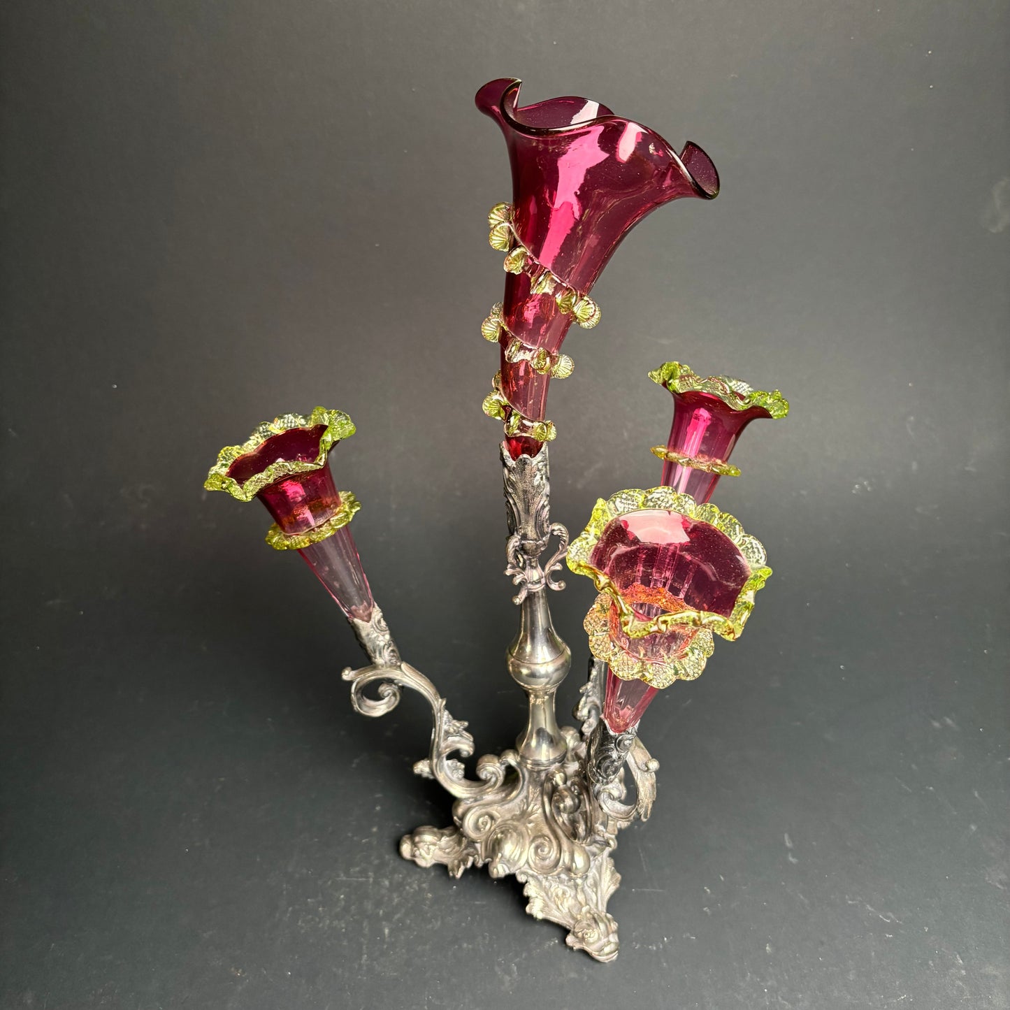 Victorian Cranberry & Uranium Glass Epergne with Silver Plate Base