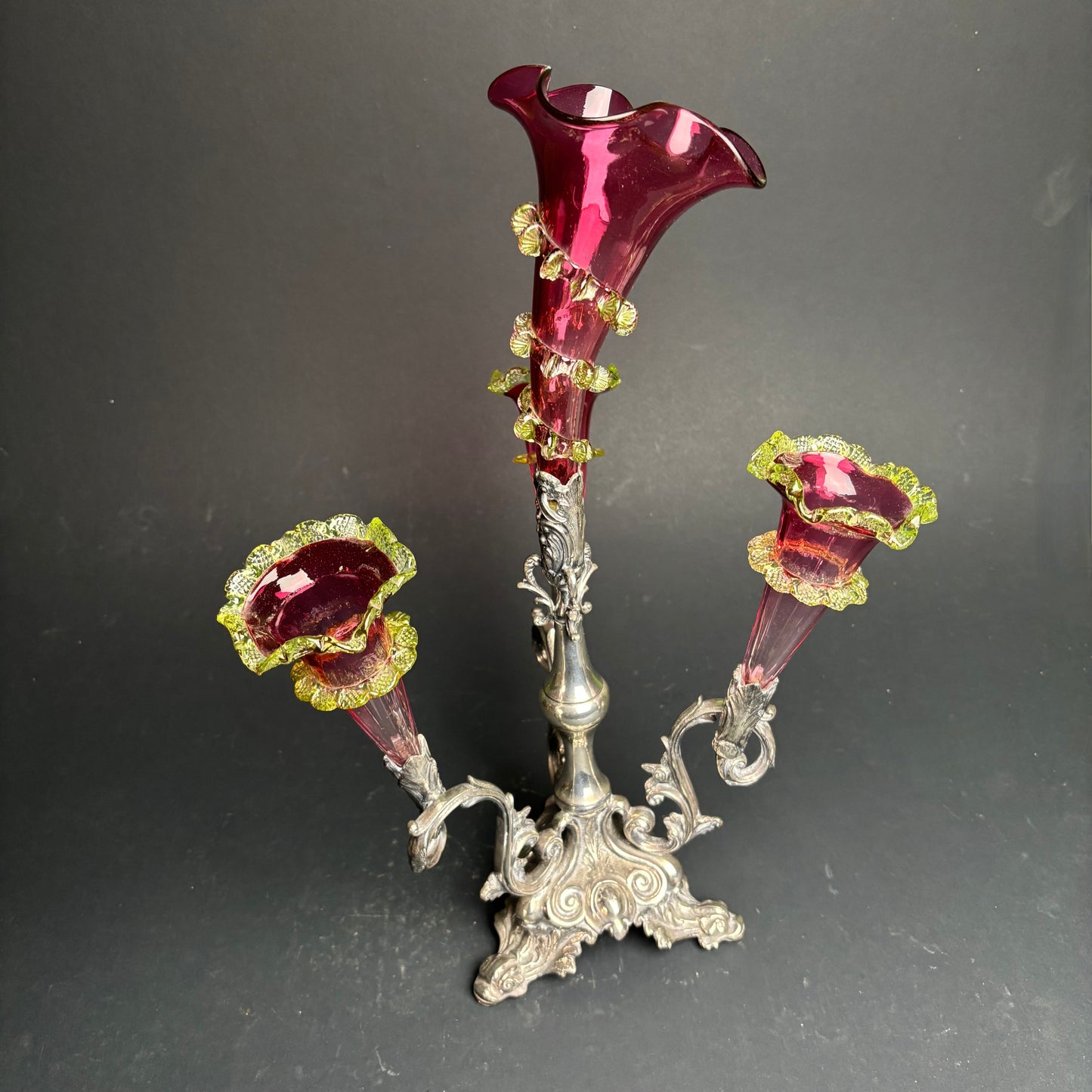 Victorian Cranberry & Uranium Glass Epergne with Silver Plate Base