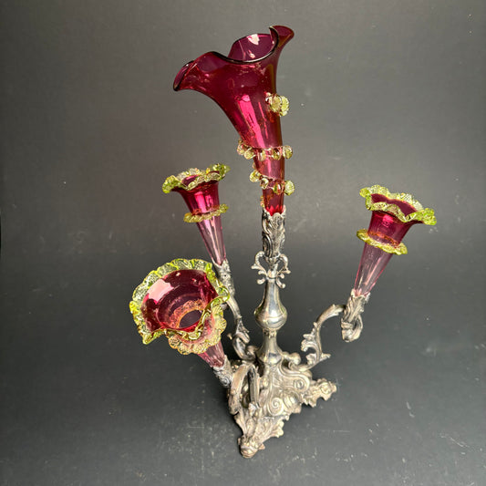 Victorian Cranberry & Uranium Glass Epergne with Silver Plate Base