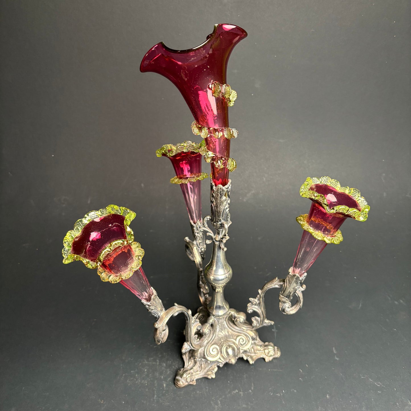 Victorian Cranberry & Uranium Glass Epergne with Silver Plate Base