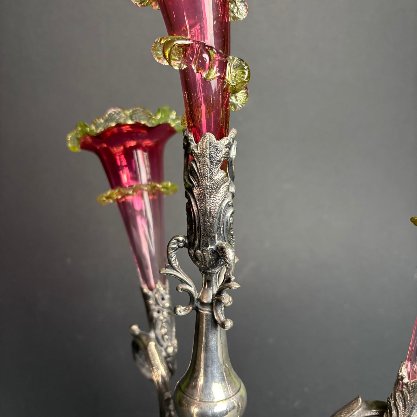 Victorian Cranberry & Uranium Glass Epergne with Silver Plate Base