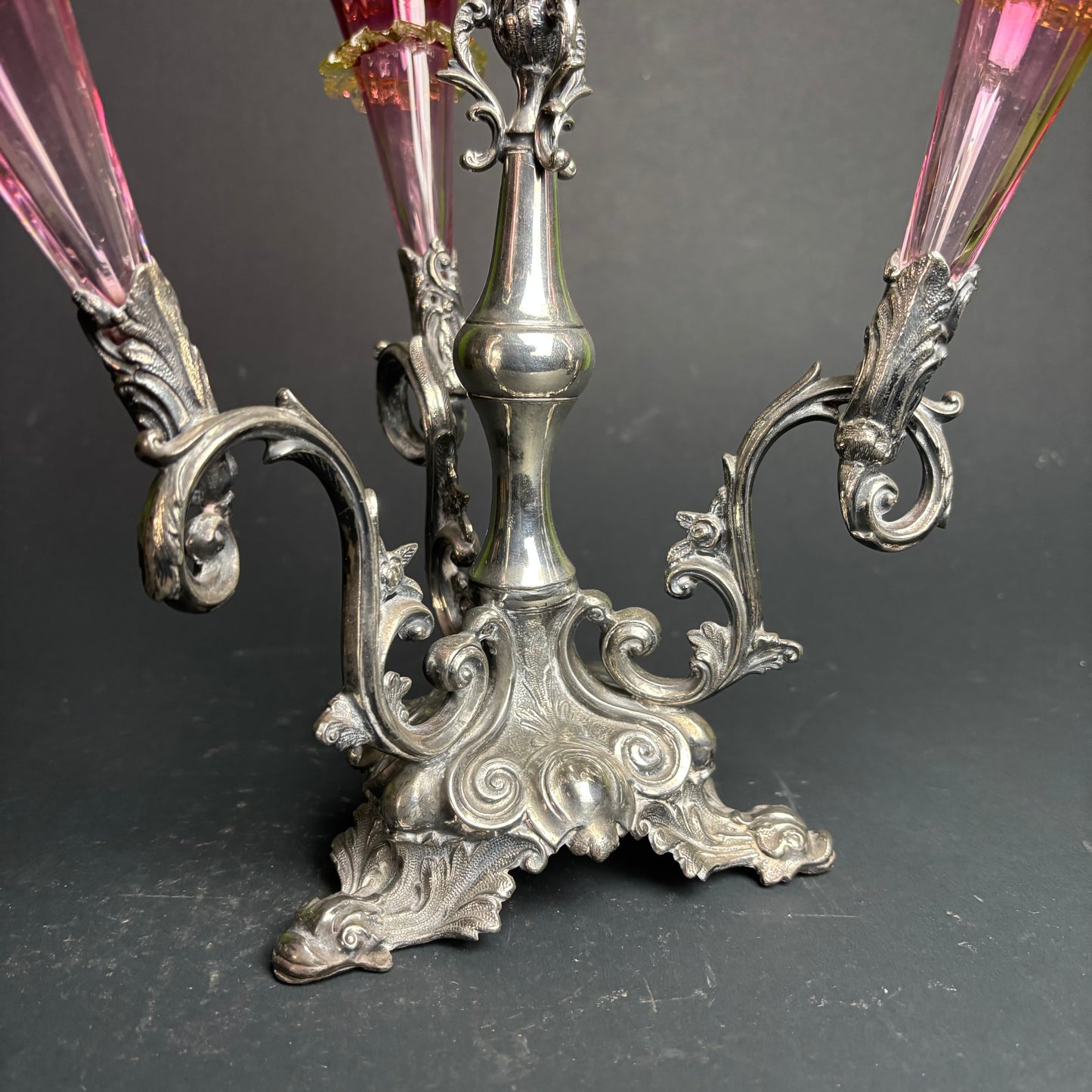 Victorian Cranberry & Uranium Glass Epergne with Silver Plate Base
