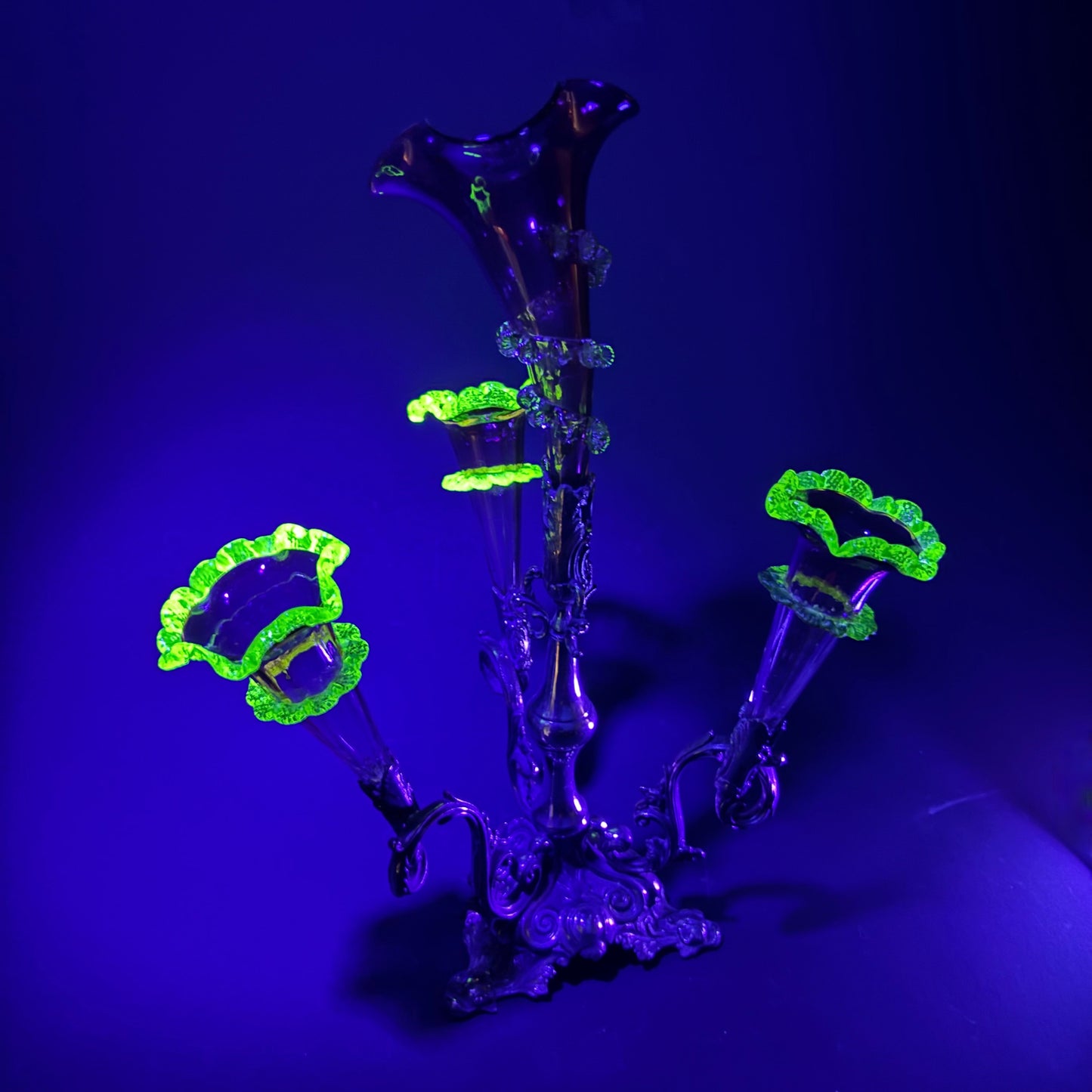 Victorian Cranberry & Uranium Glass Epergne with Silver Plate Base