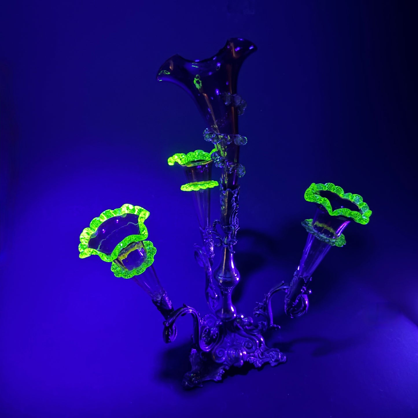 Victorian Cranberry & Uranium Glass Epergne with Silver Plate Base