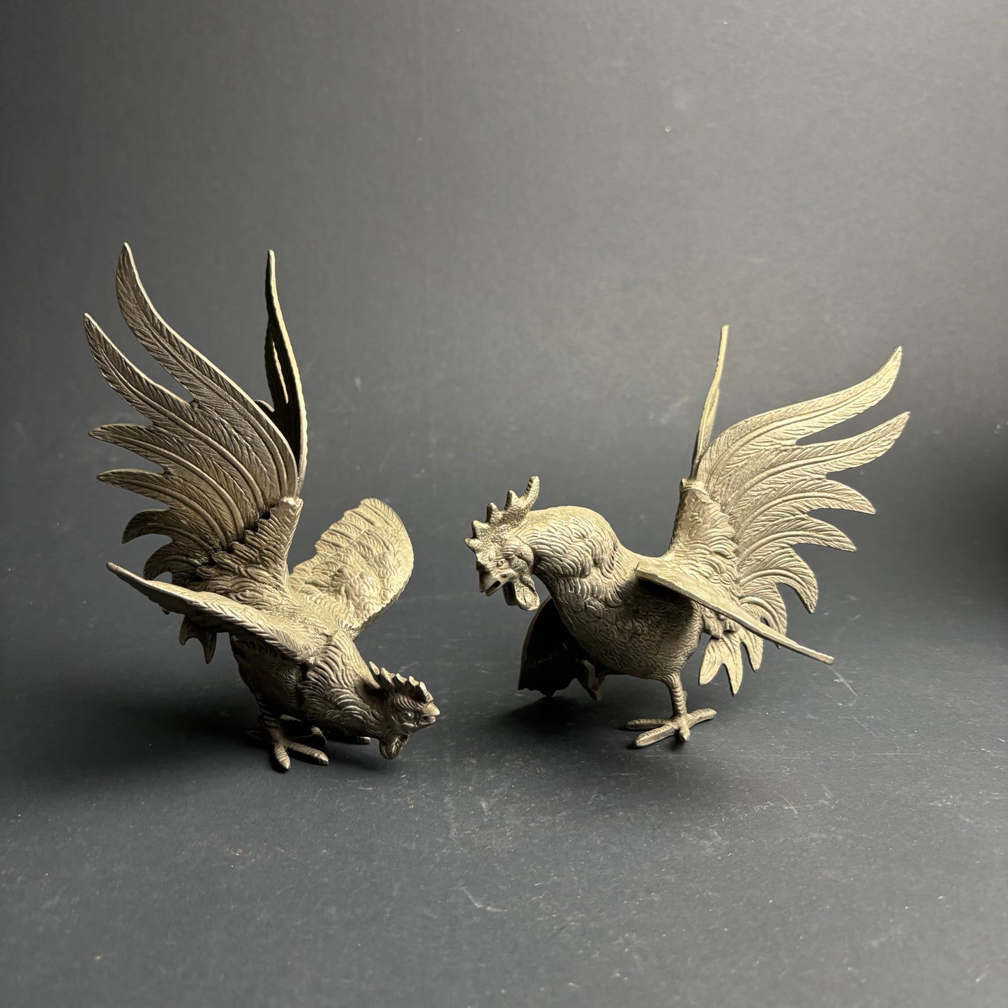 Vintage Cast Metal Fighting Rooster Figurines – Pair