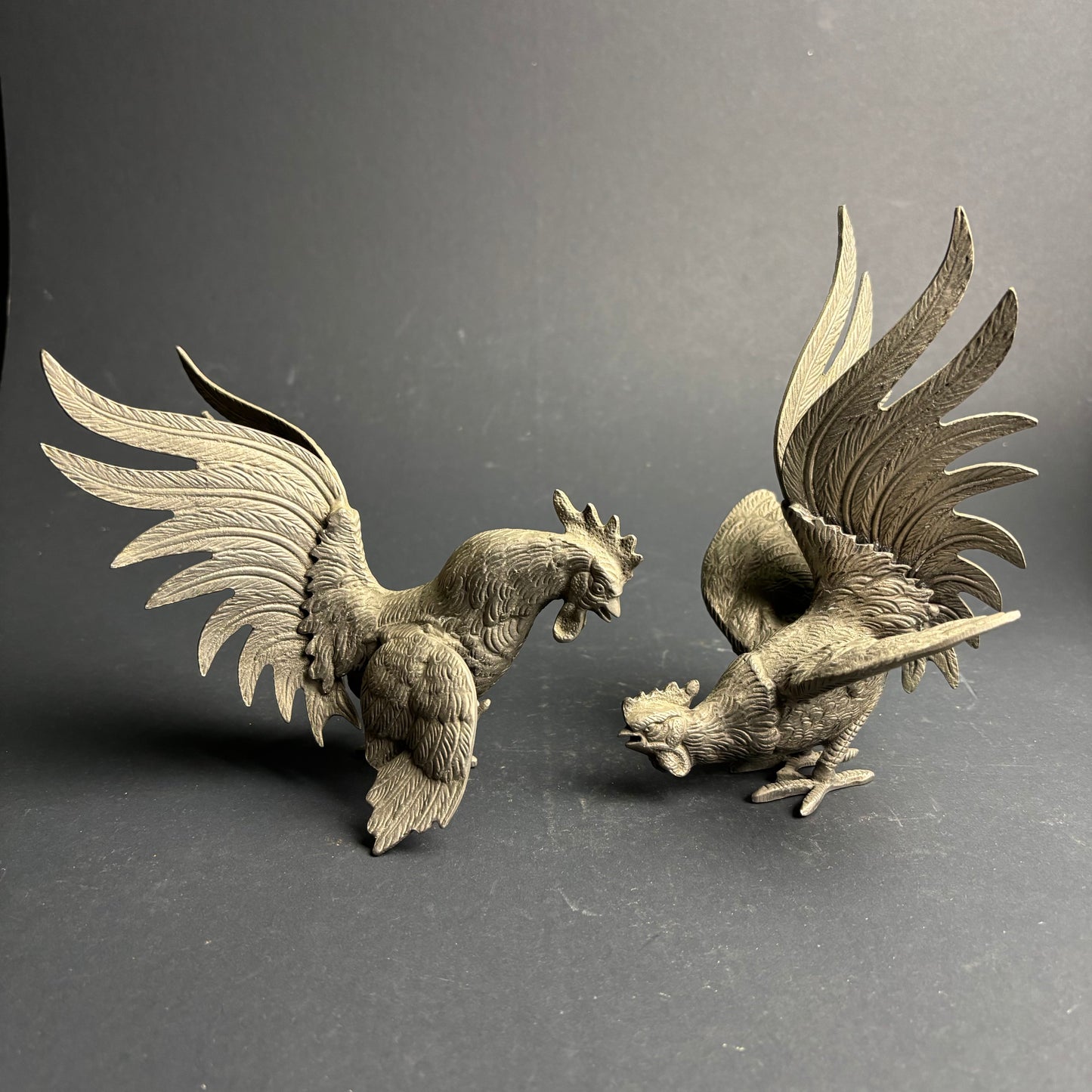 Vintage Cast Metal Fighting Rooster Figurines – Pair