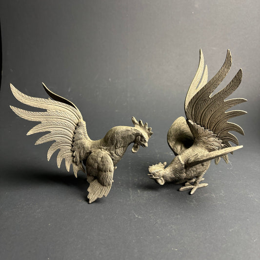 Vintage Cast Metal Fighting Rooster Figurines – Pair