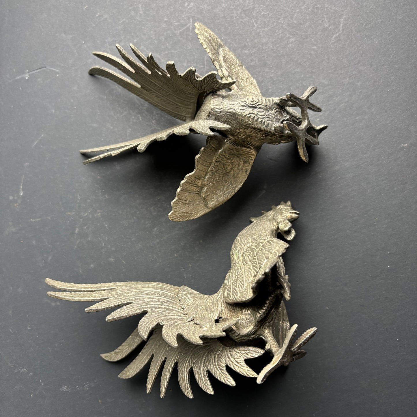 Vintage Cast Metal Fighting Rooster Figurines – Pair
